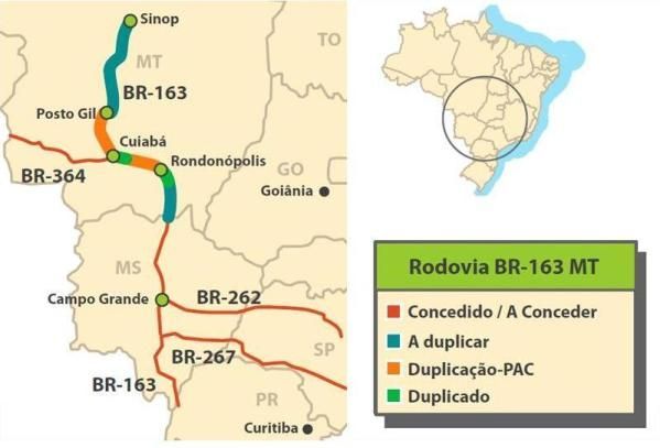 BR-163 ter nove praas de pedgio entre Sinop e a divisa com Mato Grosso do Sul