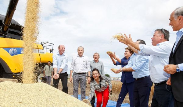 Neri, primeiro  esquerda, e Ktia Abreu, de cala vermelha, ao lado de Dilma em visita a lucas do Rio Verde